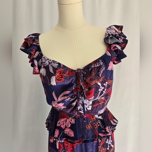 Sofia Vergara Purple Floral Midi Dress Ruffle Shoulder Sweetheart Neckline Sz. S - Picture 3 of 11